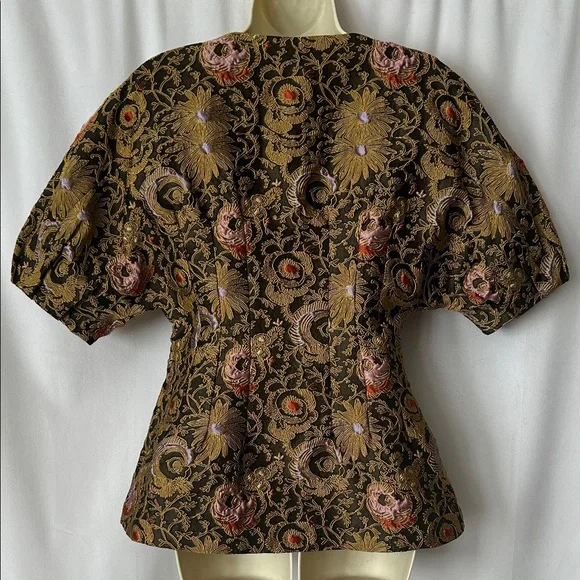 SUNO Chic Embroidered Brown/Gold Floral Short Puff Sleeve Shirt Top **Size 8**🌸🌸 - Picture 2 of 6